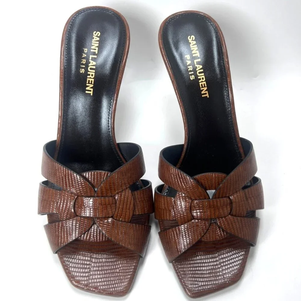 Saint Laurent Tribute Leather Heeled Mules Brown Women Slides Size 37 US7.5 - Picture 4 of 13